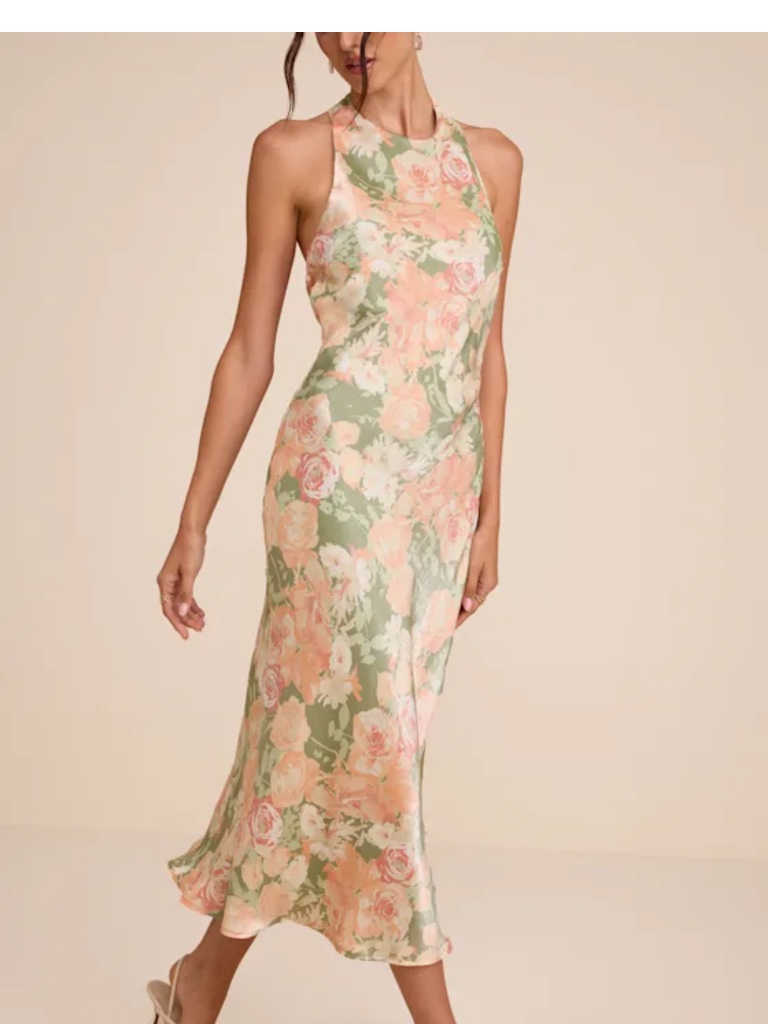Belin Sage Multi Floral Satin Backless Midi Dress Size Medium